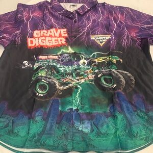 Grave Digger Monster Jam Men’s Casual Button-Down Shirt - Purple/Green